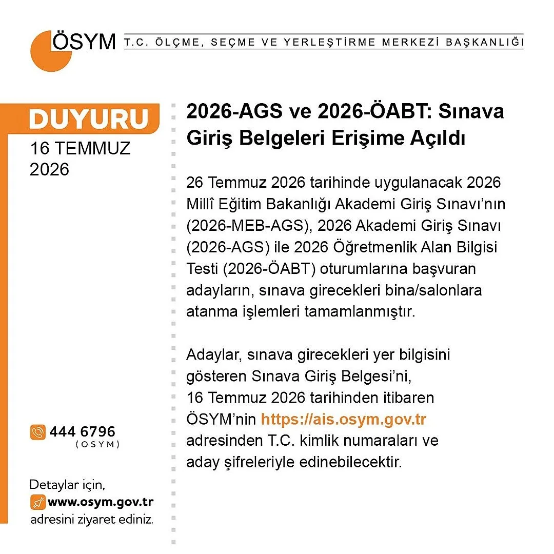 AGS ve ÖABT’nin giriş belgeleri erişime açıldı