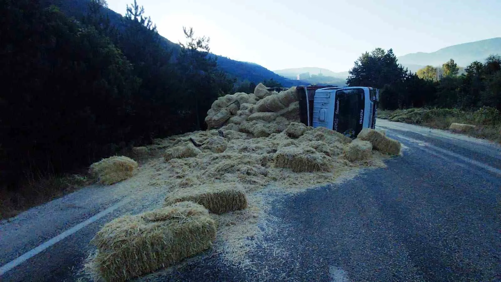 Bolu’da iki kamyon kafa kafaya çarpıştı: Samanlar yola saçıldı, 2 yaralı