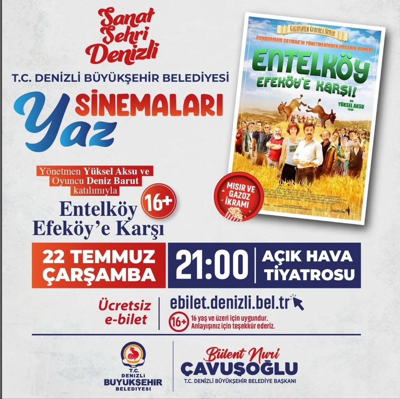 Denizli Büyükşehirin Yaz Sinemaları, usta yönetmen ve ünlü oyuncuyu ağırlıyor