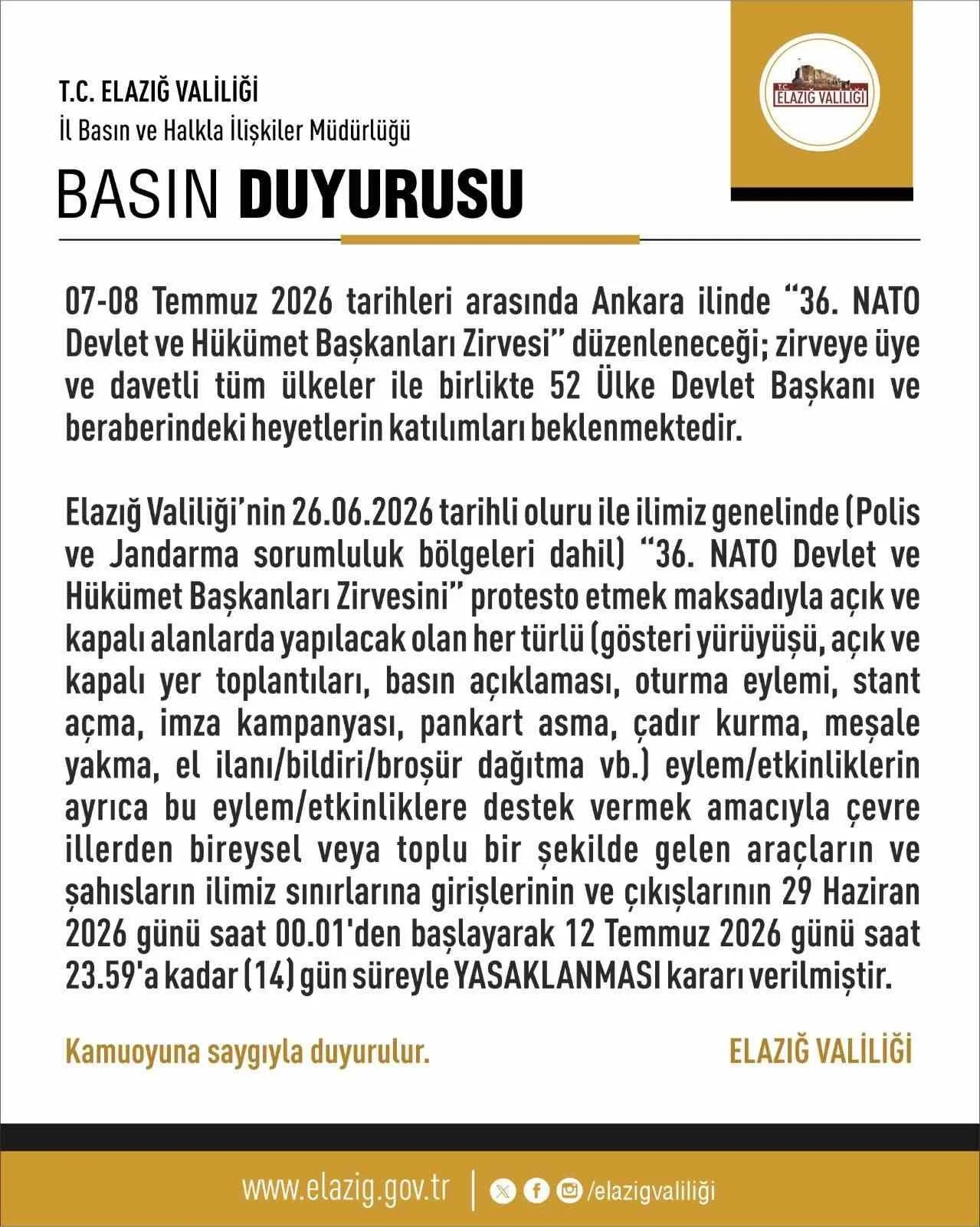 Elazığ’da 14 günlük eylem yasağı