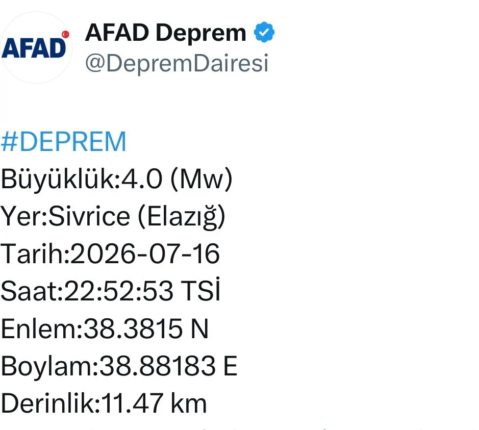Elazığ’da 4.0 büyüklüğünde deprem