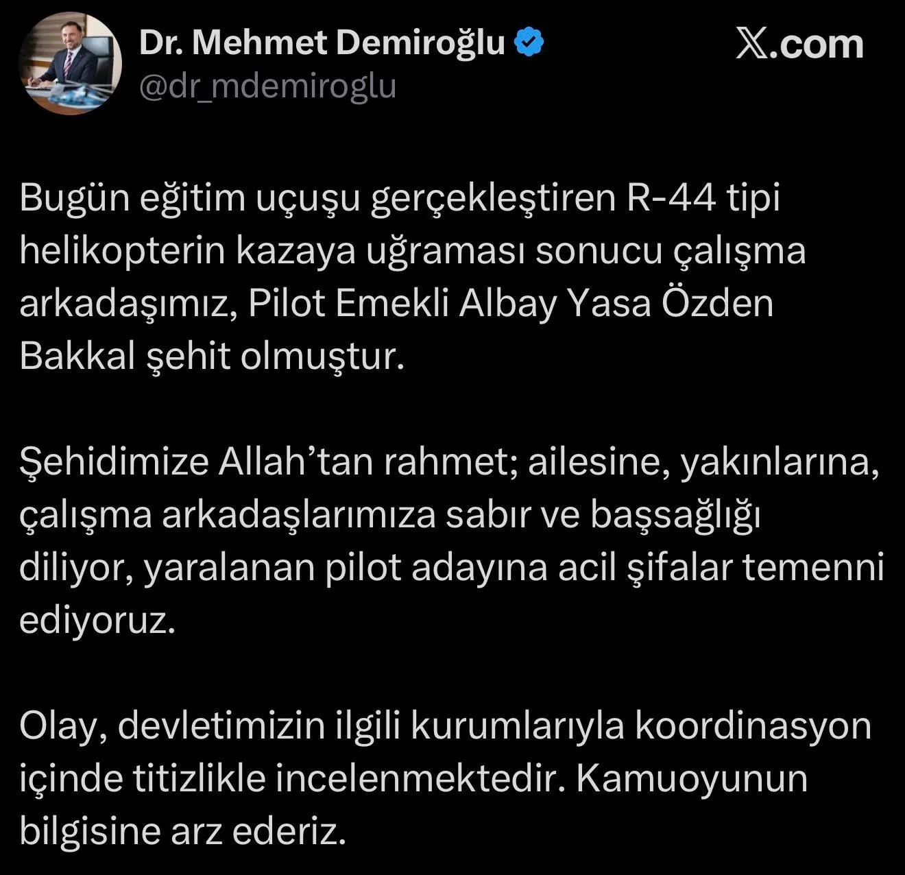 Helikopter kazasında yaralanan pilot adayının tedavisi sürüyor