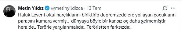 Oyuncu Metin Yıldız’dan Haluk Levent’e tepki: "Terörle yargılanmalıdır, teröristten farksızdır"