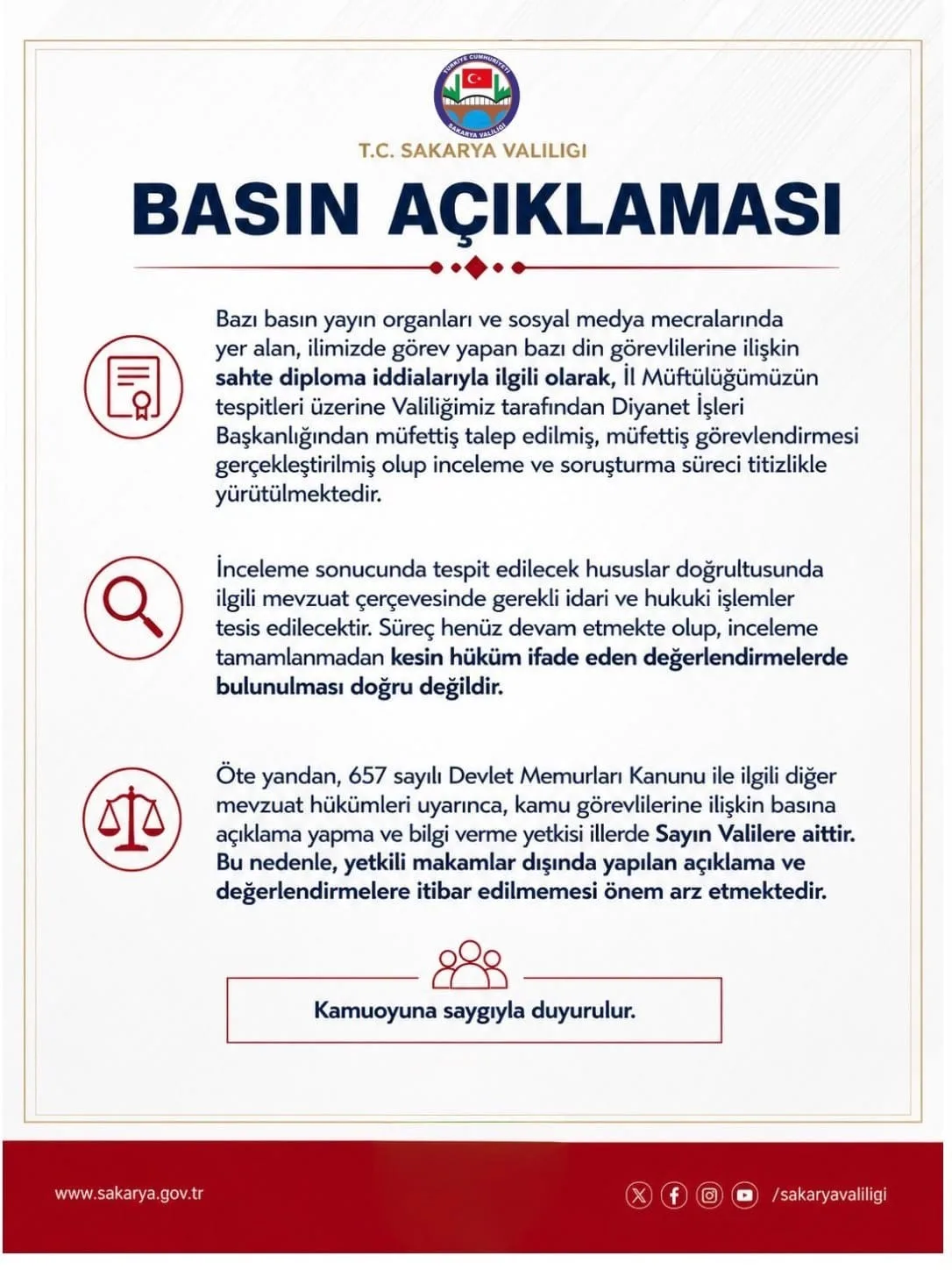 Sakarya Valiliğinden sahte imam iddialarına ilişkin açıklama